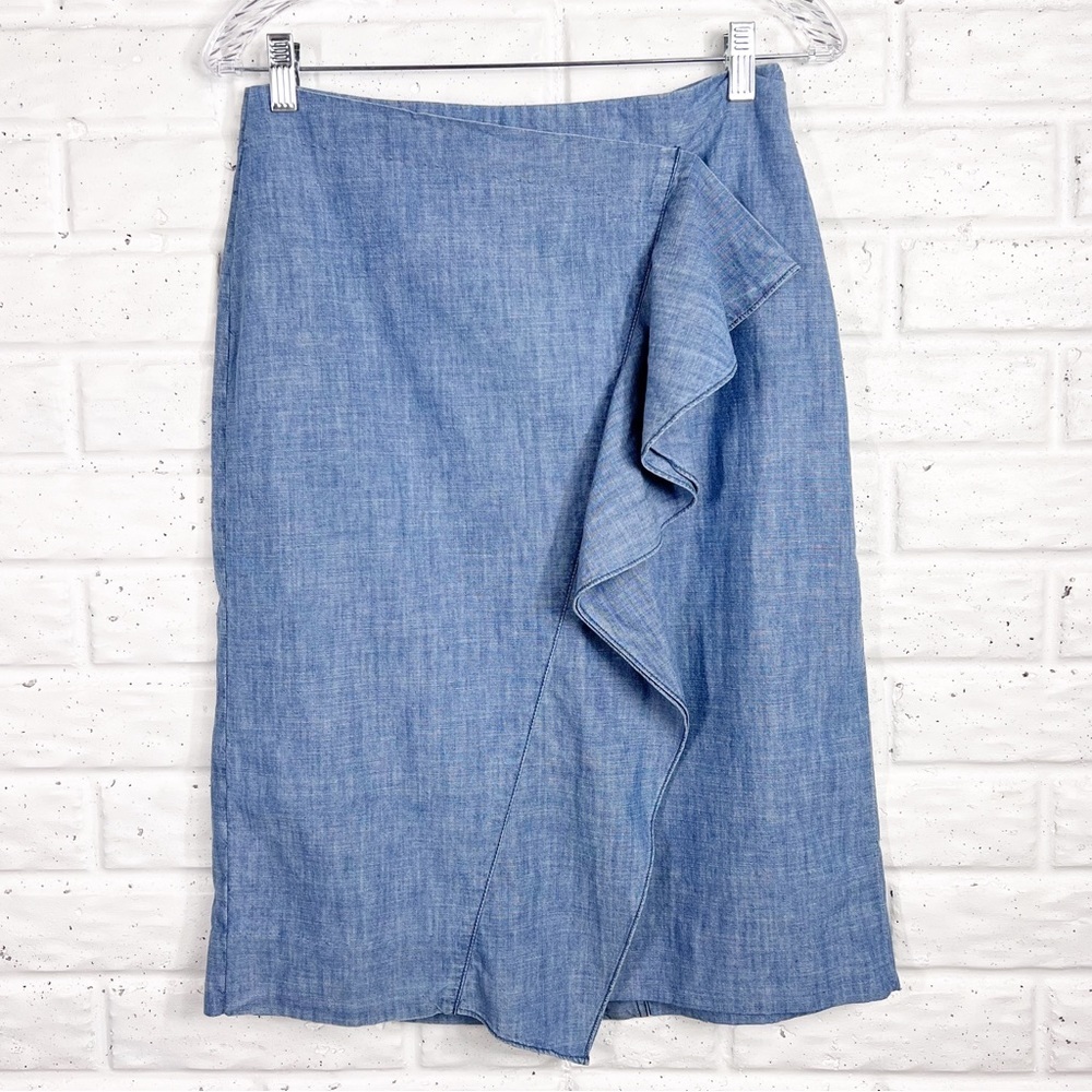 JCREW Blue Chambray Midi Skirt with Ruffle detail